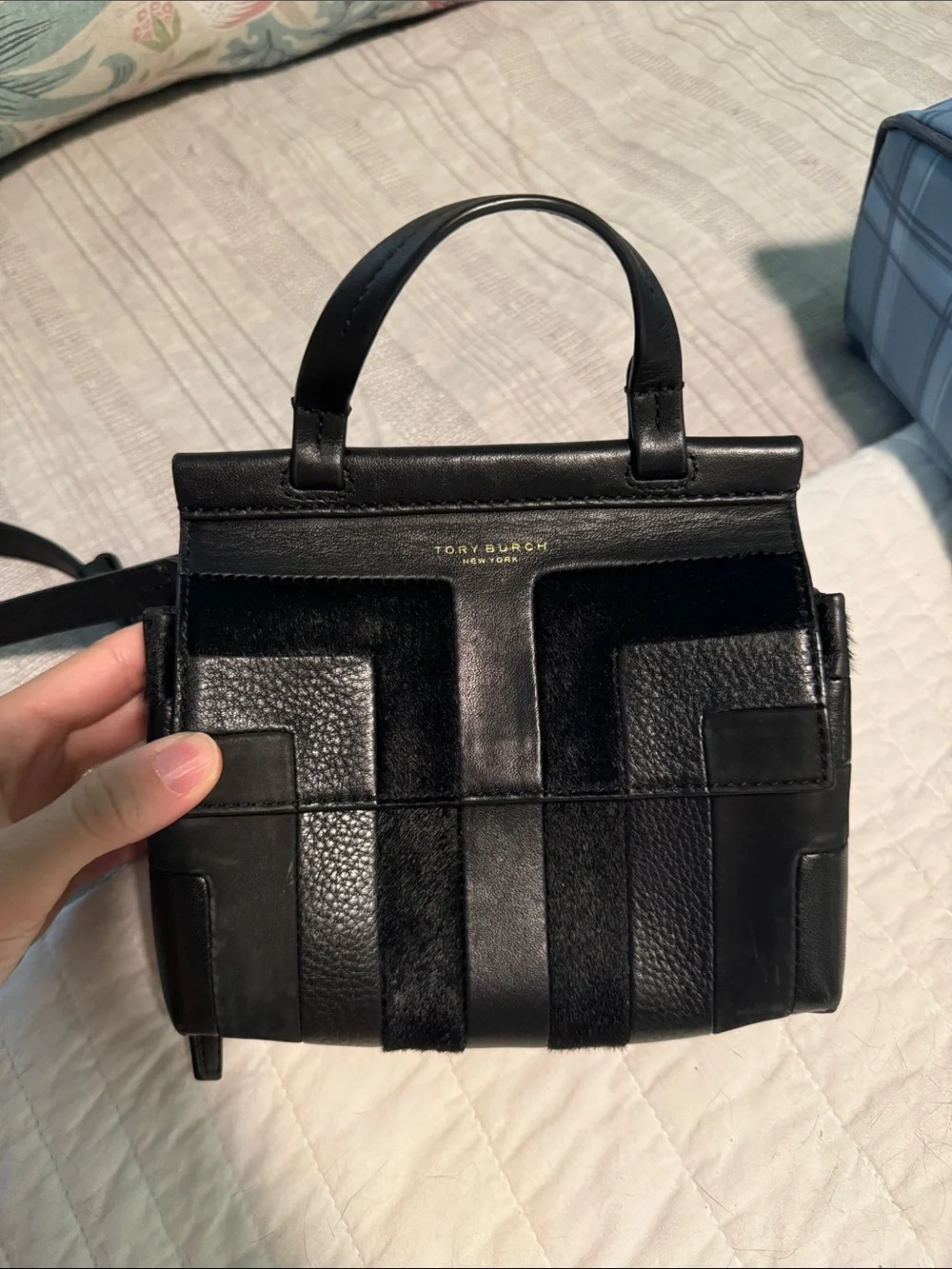 Tory Burch Black Mixed-Material Top-Handle Shoulder Bag